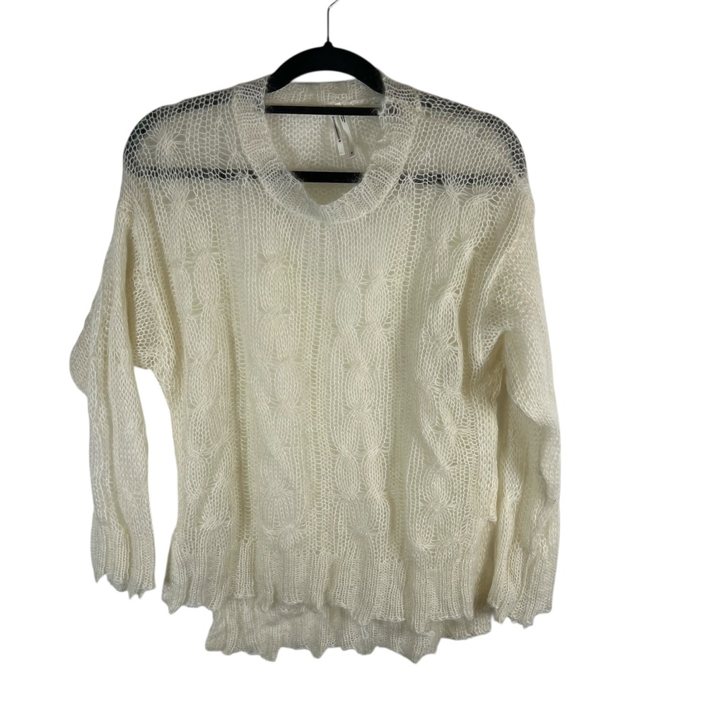 Anthropologie Cream Open Knit Wool Blend Sweater XS Sheer Cable Pointelle Cream